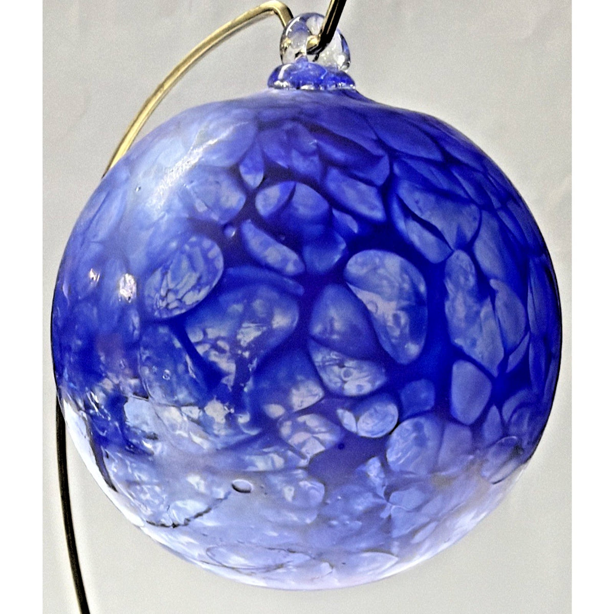 Hand Blown Studio Art Glass Cobalt Blue Iridescent Webbed Ornament Orb Witch Ball
