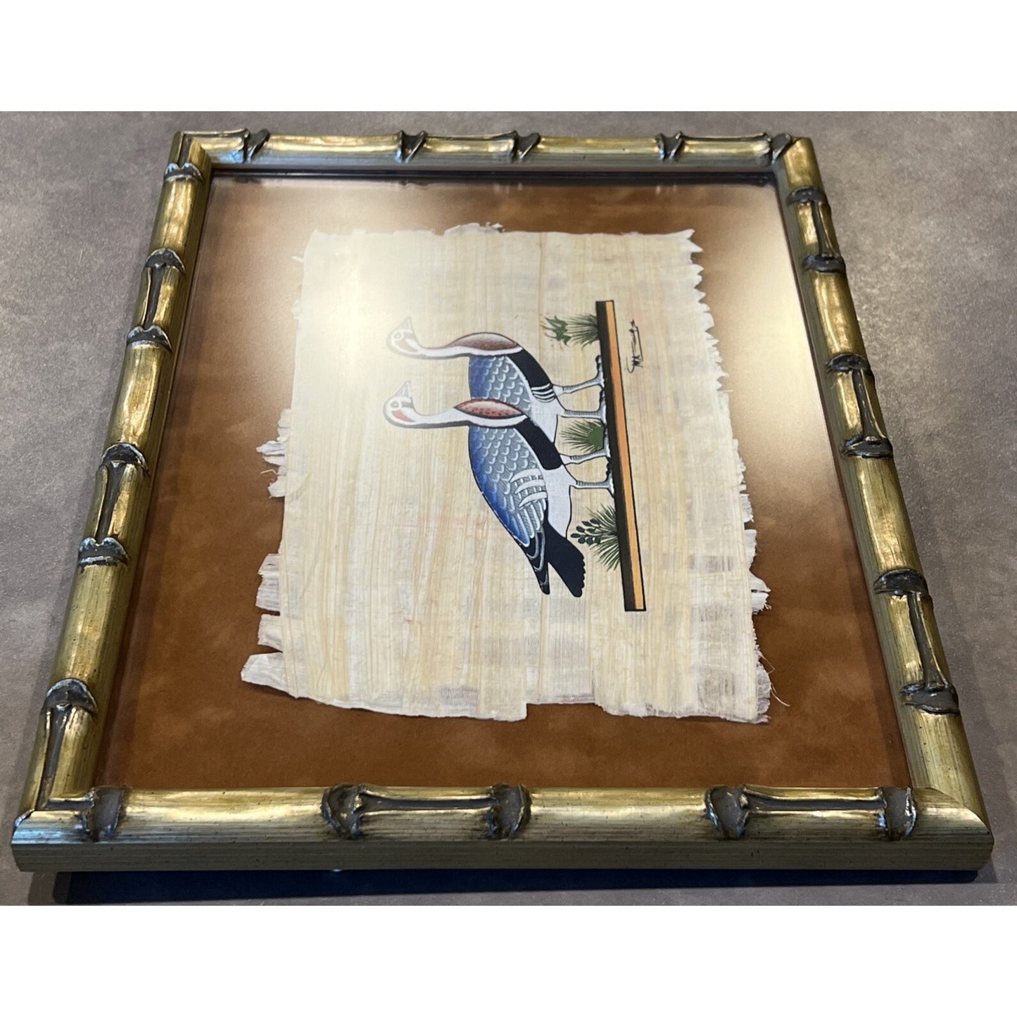 Vtg Delta Papyrus Factory Egypt Painting Geese Signed Birds Framed Certificate