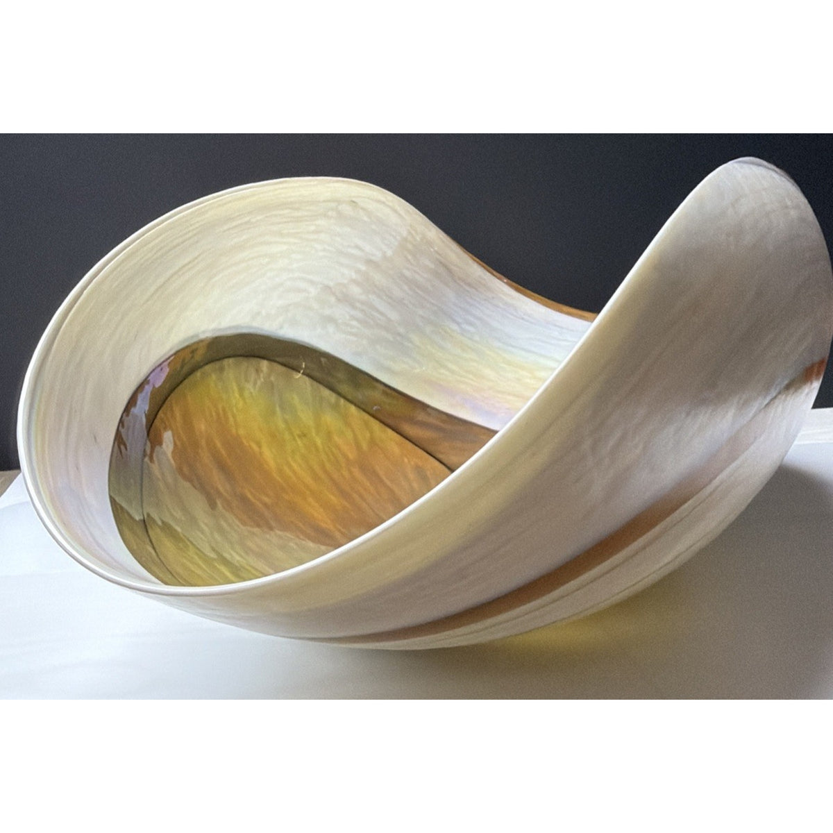 Yalo Murano Vetro Art Glass Bowl Folded Iridescent Ivory Gold Swirl 21"