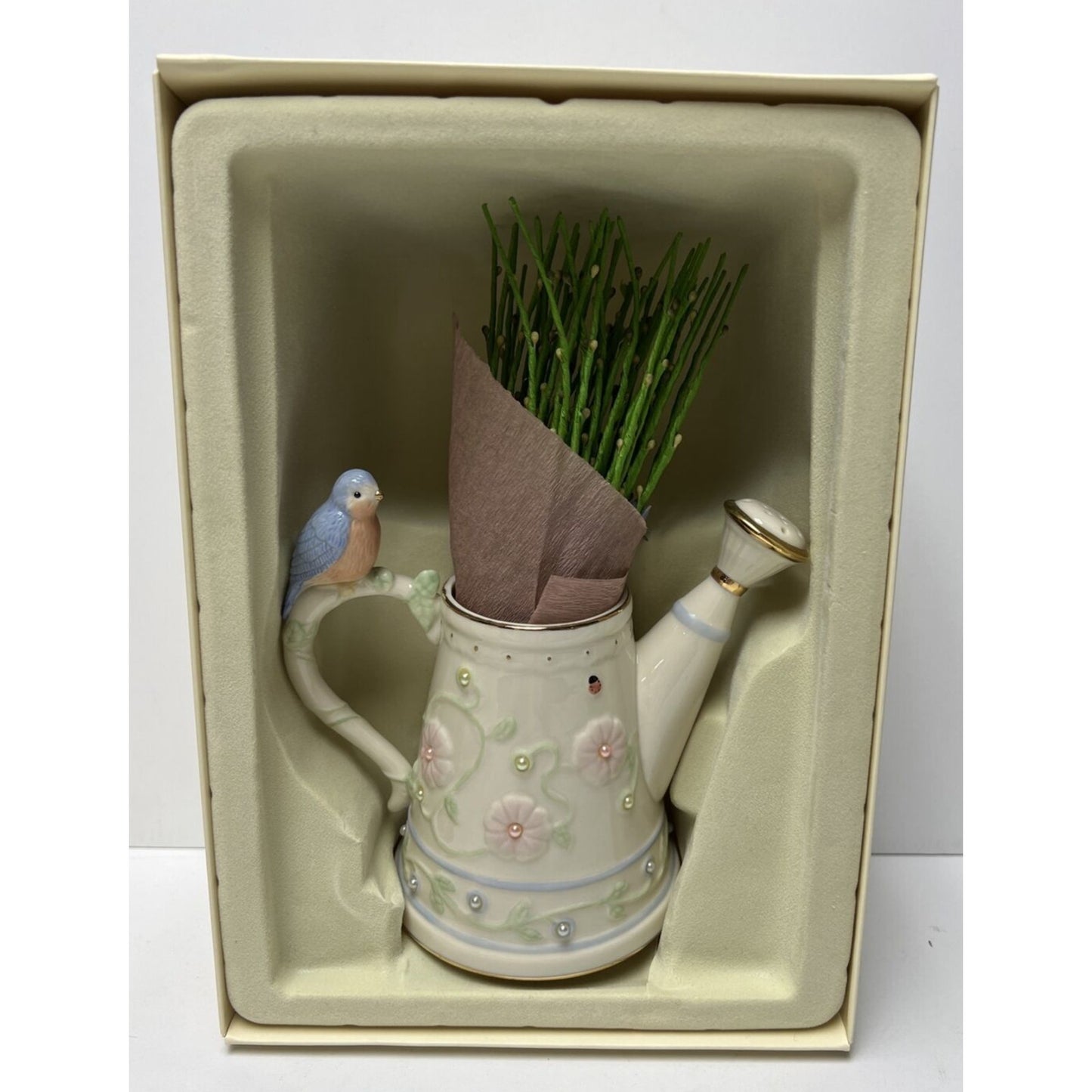 Vintage Lenox Petal And Pearls Bluebird Bud Vase Watering Can Box