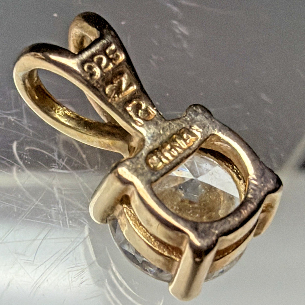 Vintage Gold Vermeil Cubic Zirconia Solitaire Sterling Silver Pendant