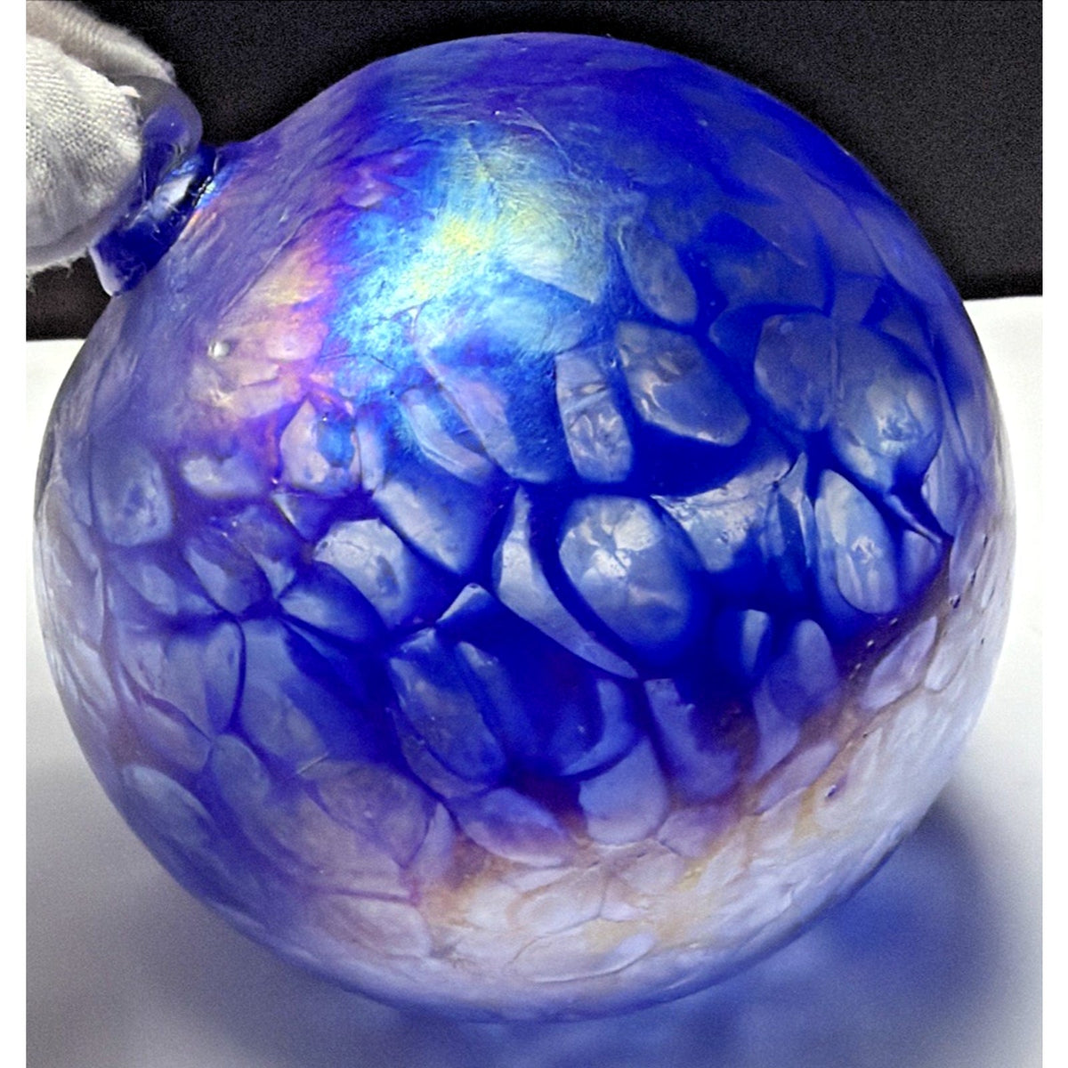 Hand Blown Studio Art Glass Cobalt Blue Iridescent Webbed Ornament Orb Witch Ball
