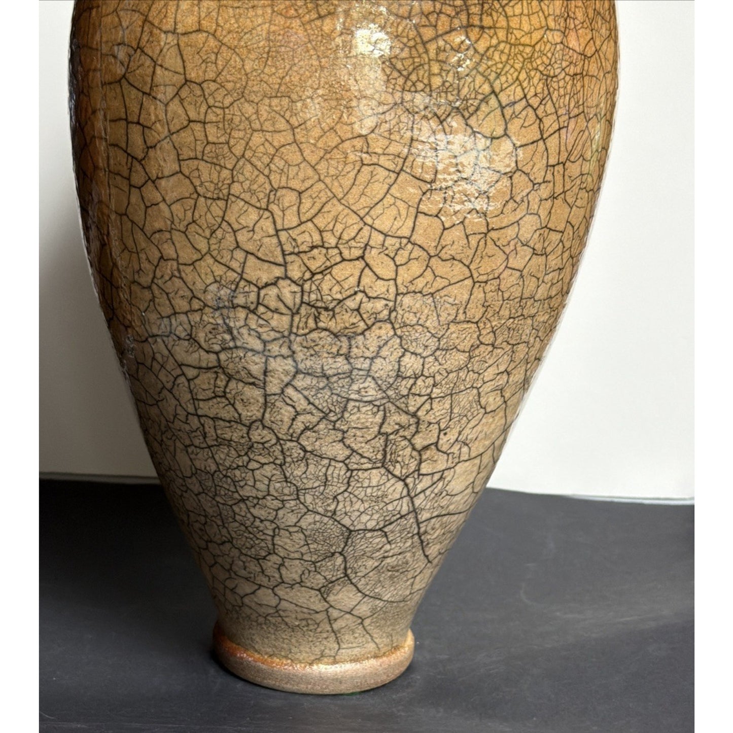 Vtg Casey Hankin Raku Art Pottery Vase Crackle Iridescent Orange Marigold Large