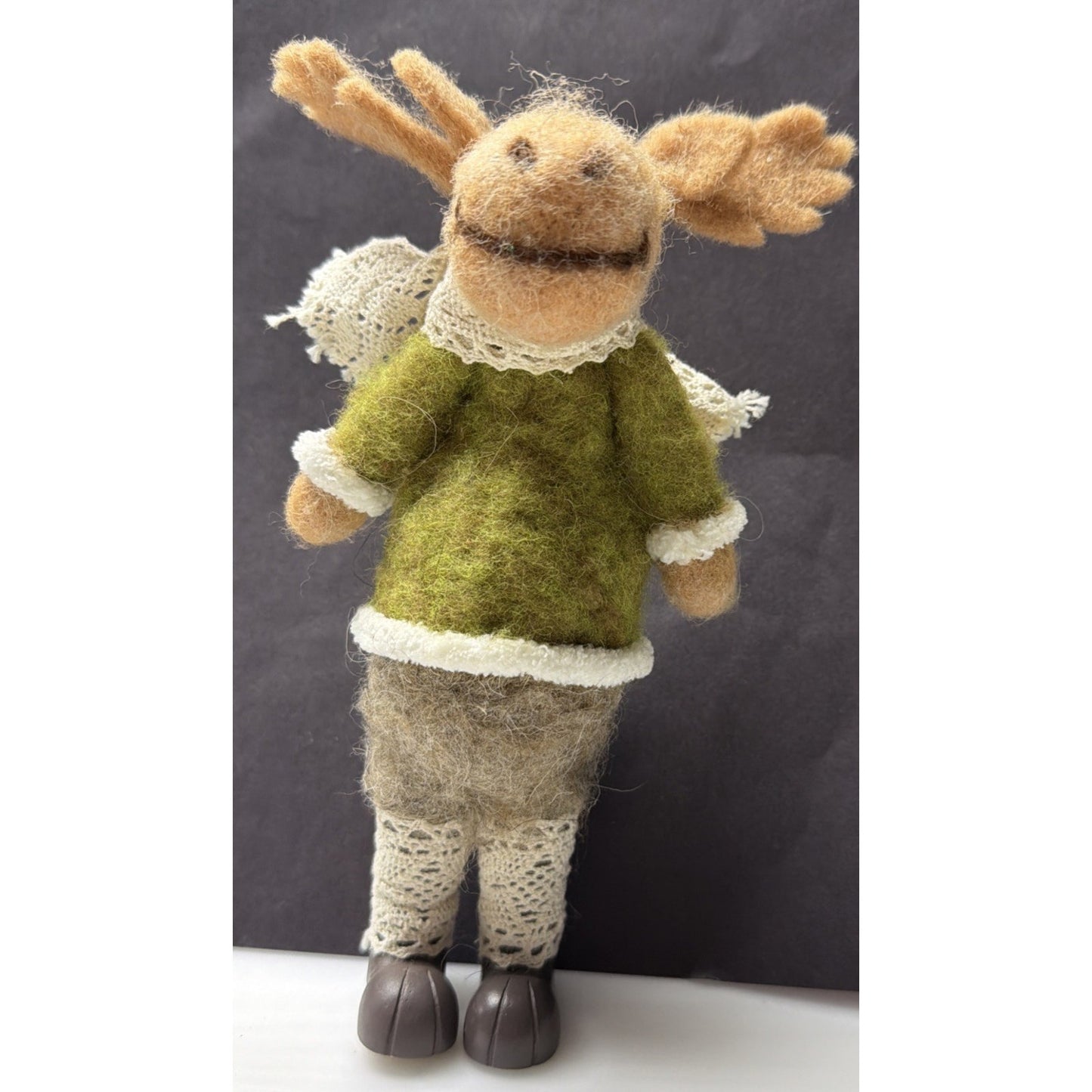 Felt Plush Christmas Moose Standing Green Sweater Lace Scarf Leggings As Is