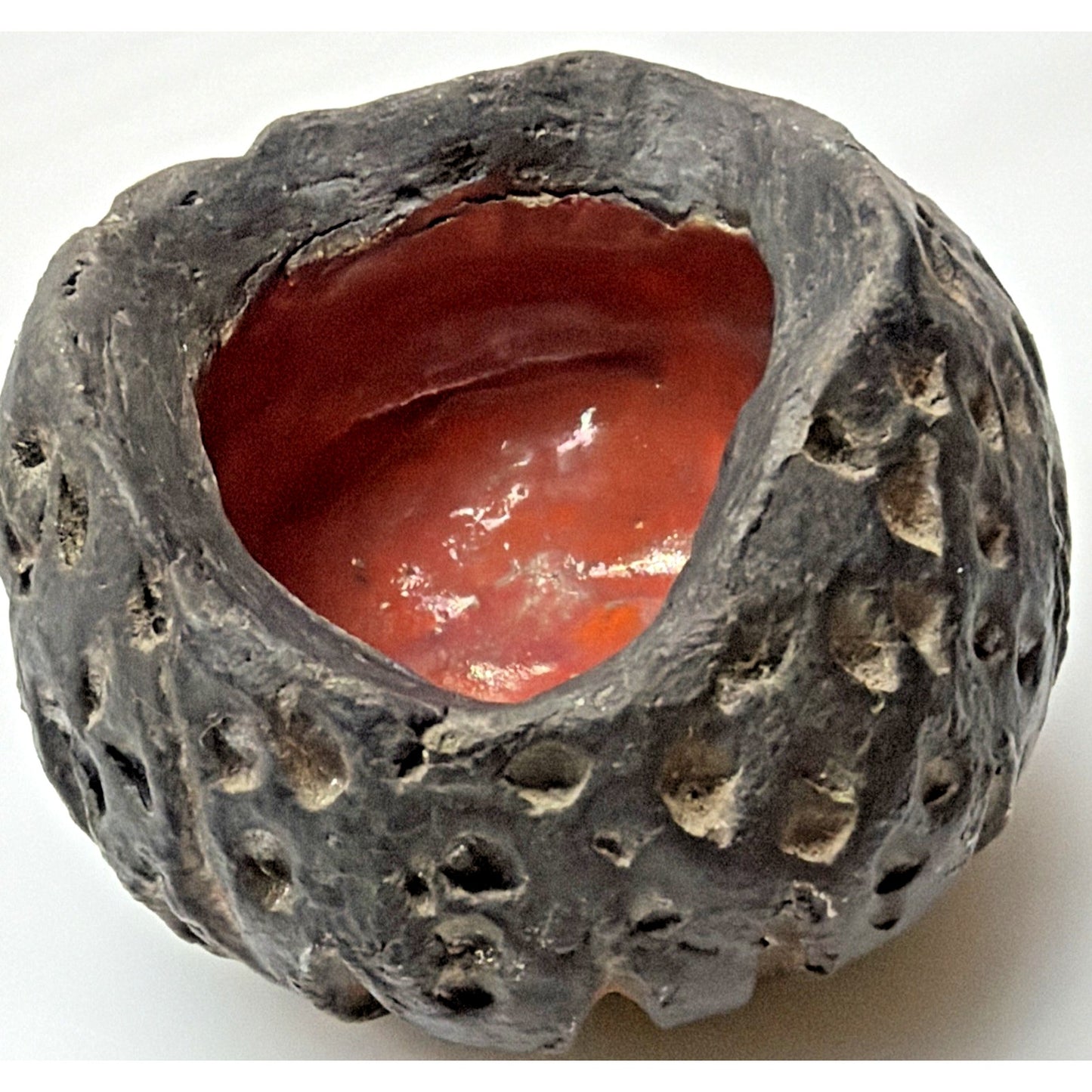 MCM Danish Brutalist Studio Pottery Jar Melon Pot Lid Damage Black Red Glaze