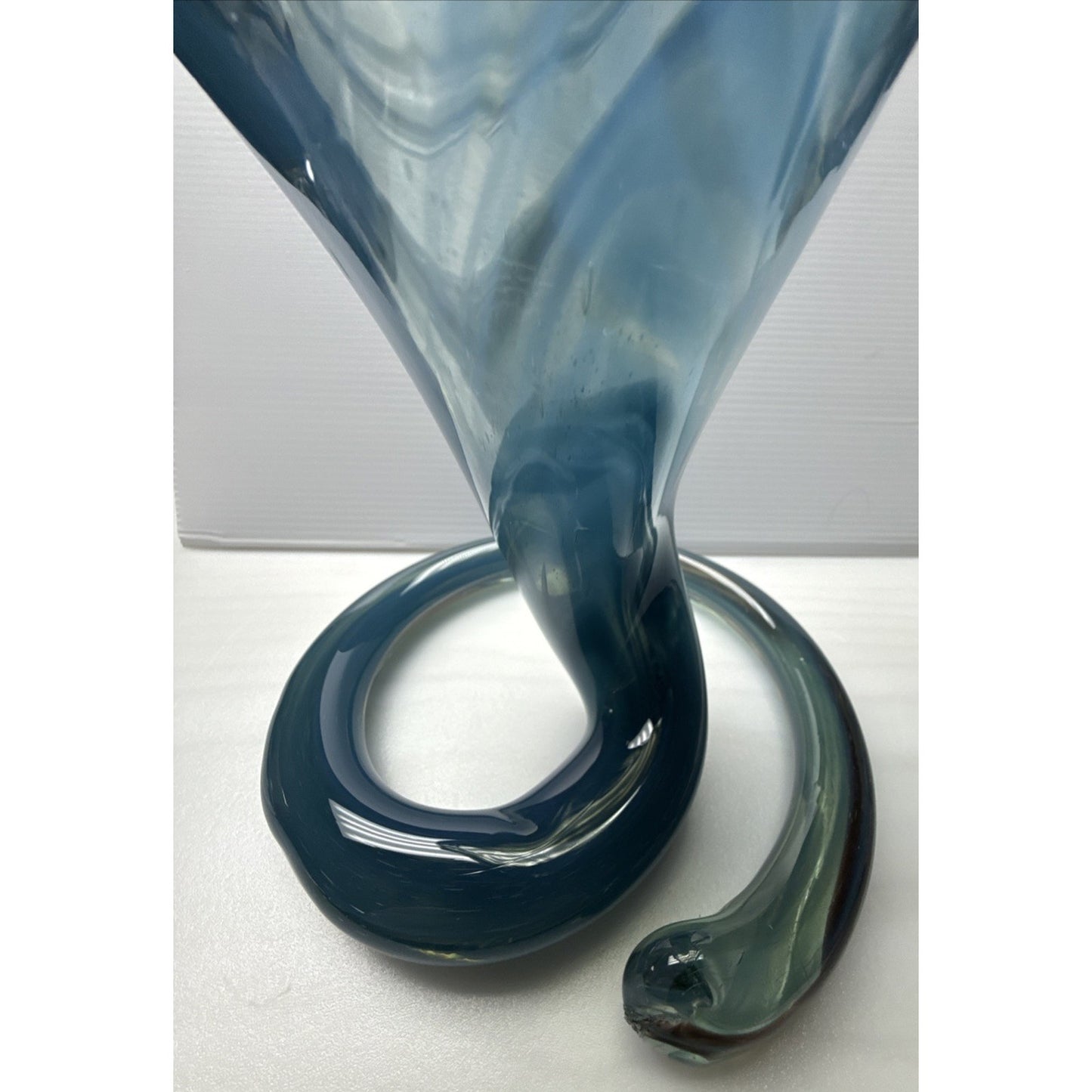 MCM Sooner Art Glass Tulip Trumpet Vase Blue Green Spiral Coiled Base 12" Read