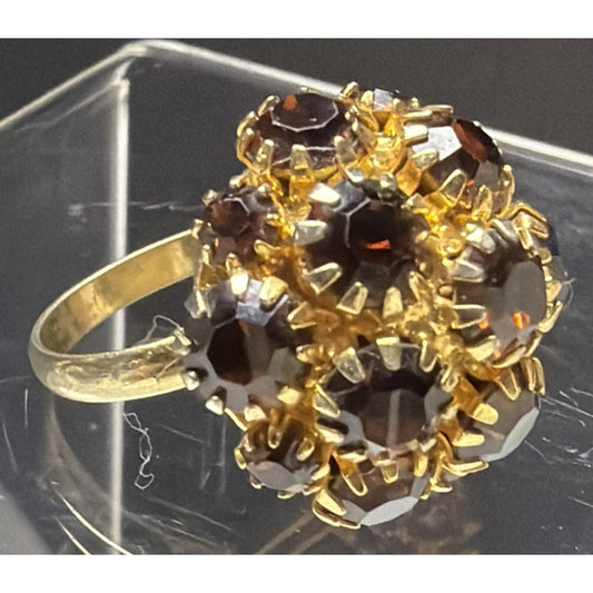 Vtg Gold Tone Adjustable Ring Amber Brown Rhinestone Cluster Prong Dome As Is