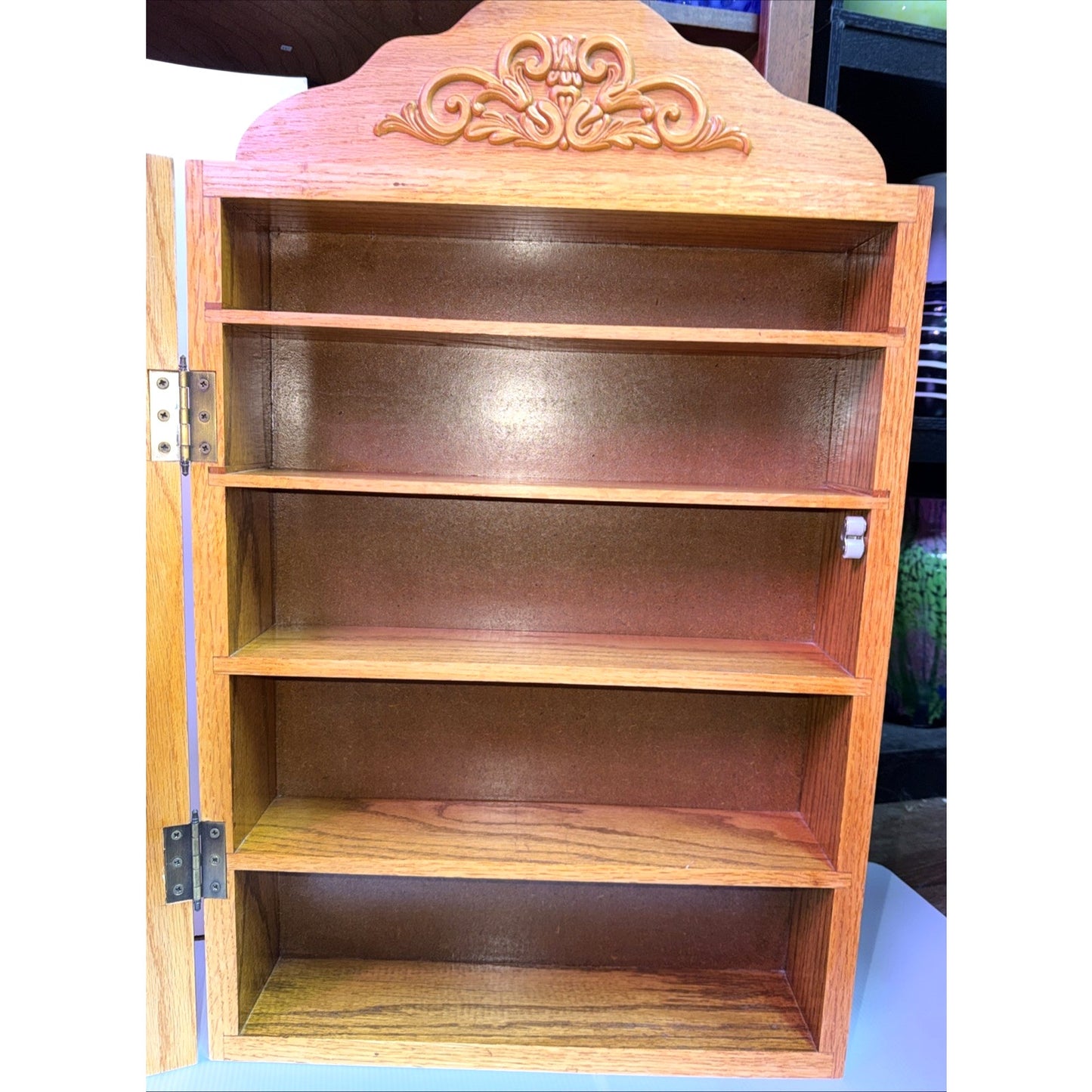 Old Oak Apothecary Cabinet Medicine Curio Textured Etched Glass Wall Mount As Is