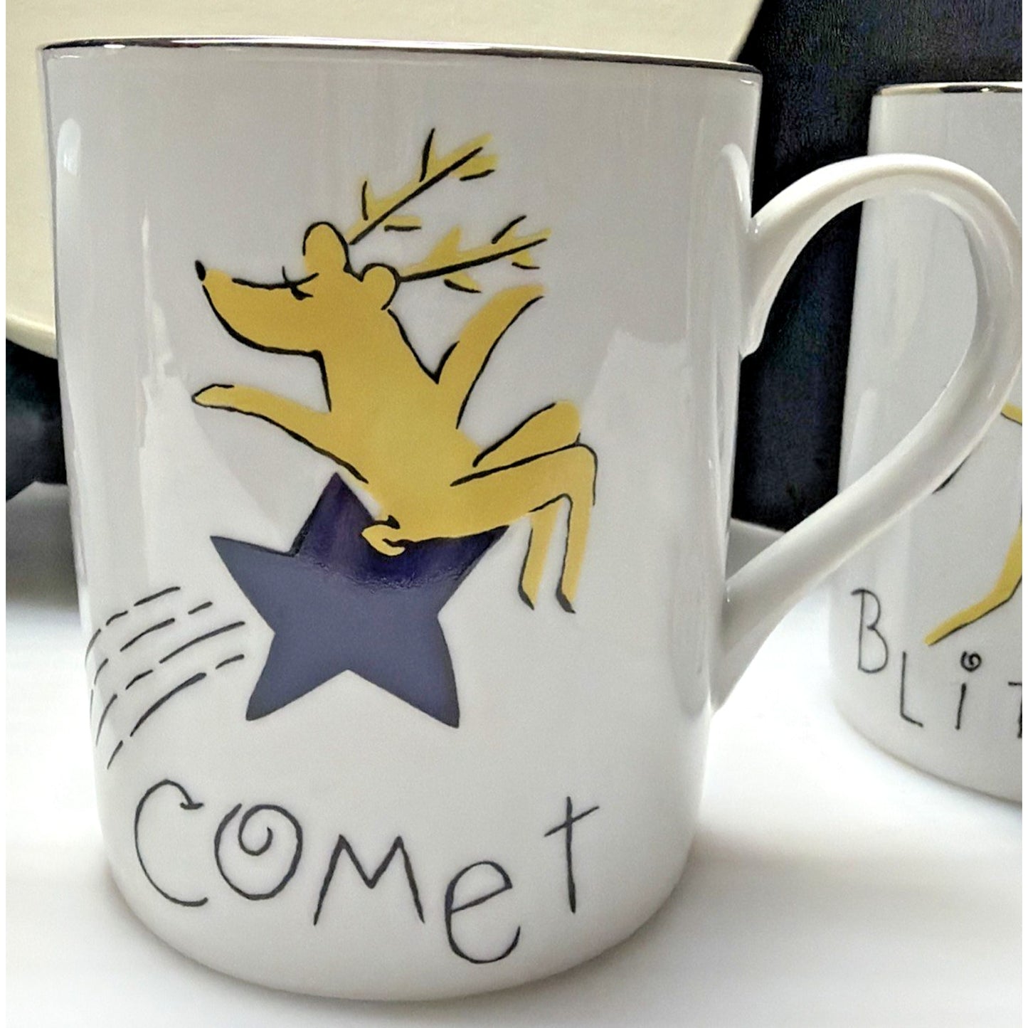 Pottery Barn Set of 4 Reindeer Mugs Box Williams Sonoma Comet Donner Blitzen Cup