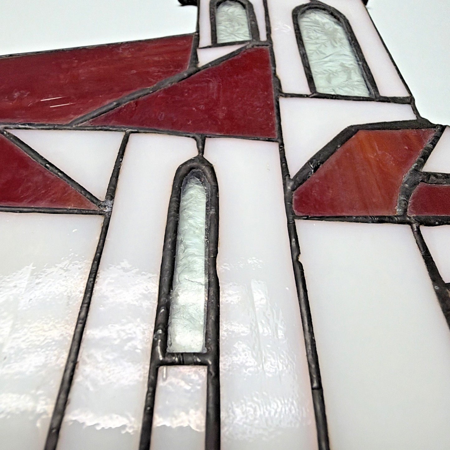 Vintage Stained Glass Church Suncatcher Red Slag Crackle Amber