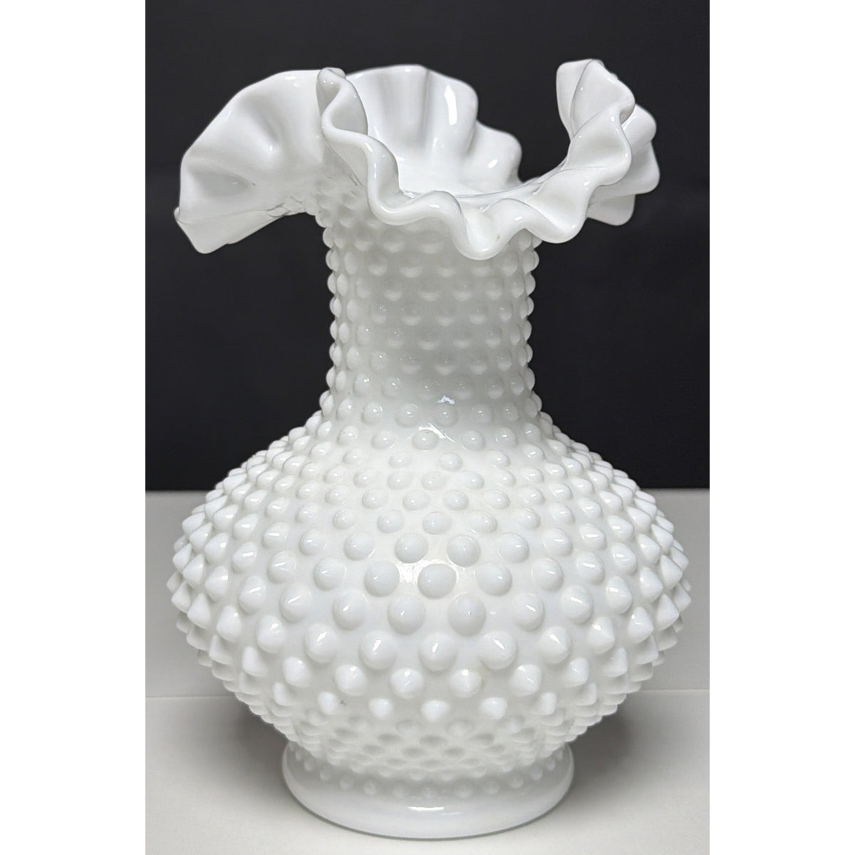 Vintage Fenton Milk Glass Vase Hobnail Ruffled Crimped Rim