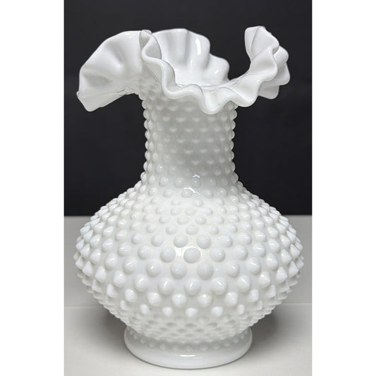 Vintage Fenton Milk Glass Vase Hobnail Ruffled Crimped Rim