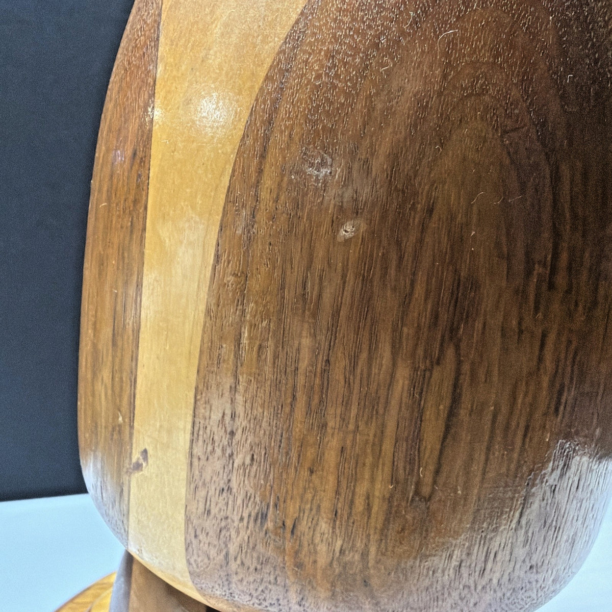 MCM Large Inlaid Wood Hand Turned Table Lamp Marquetry Parquetry No Shade