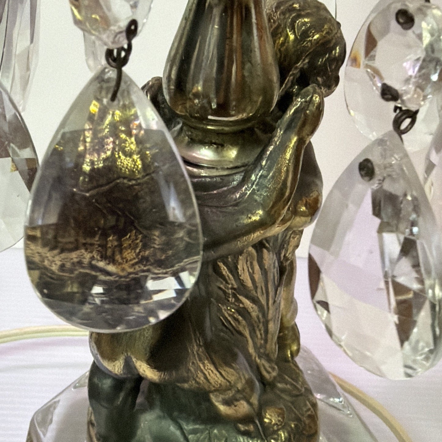 MCM Hollywood Regency Crystal Glass Brass Metal Waterfall Lamp Cherubs As Is