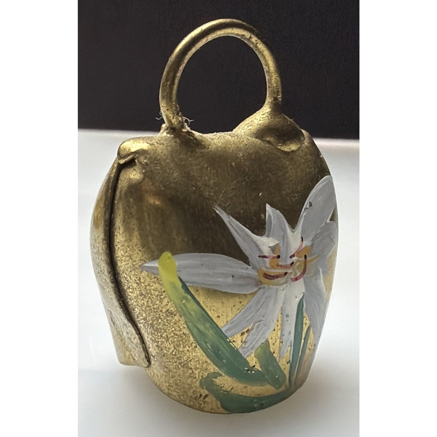 Vtg Gold Metal Brass Cow Bell Hand Painted Flower Floral Signed Liechtenstein