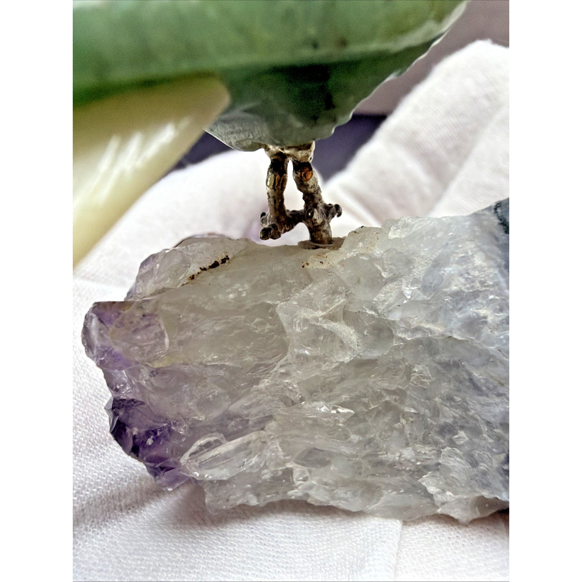 Vintage Brazilian Green Stone Toucan Bird Sculpture Amethyst Crystal Base As Is