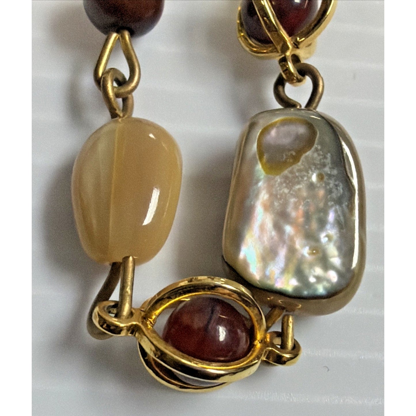 Vintage Multi Stone Necklace Gold Tone Agate Mother of Pearl Shell
