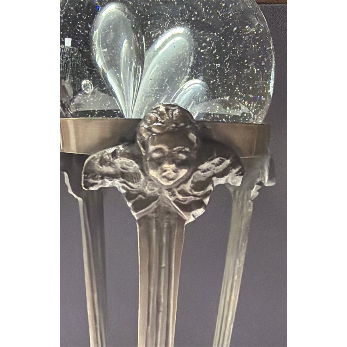MCM Brass Metal Bronze Base Angel Cherub Stand Crystal Blown Glass Ball As Is