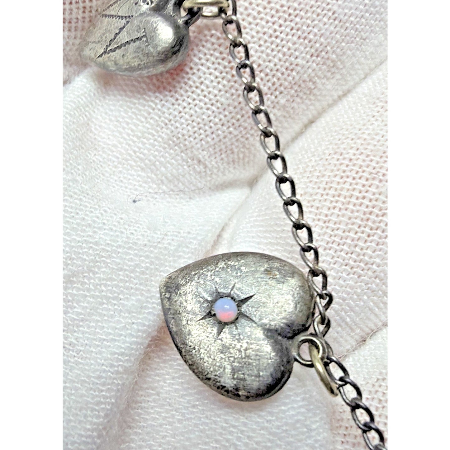 Antique Sterling Silver Puffy Heart Charms Necklace Enamel Gemstone Emboss As Is