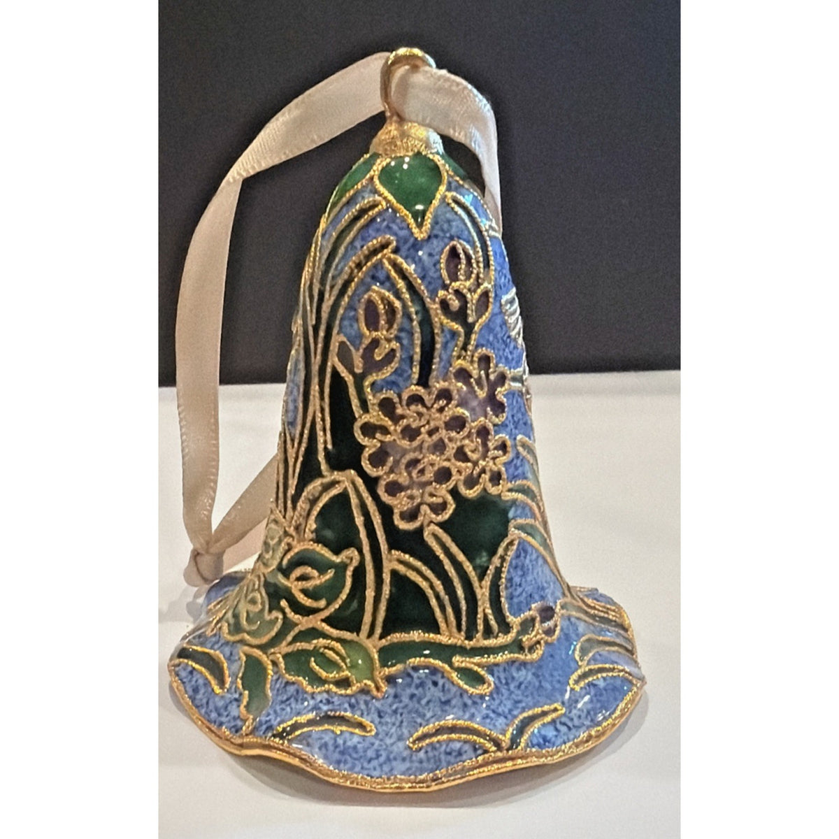 Vintage Enamel Cloisonné Bell Ornament Hummingbird Floral Blue Gold