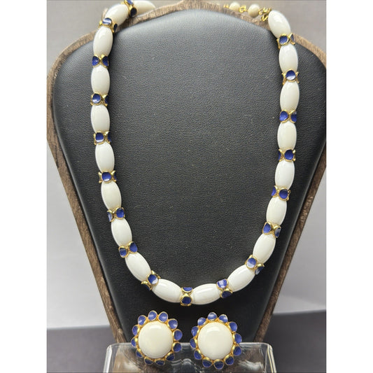 Vtg Crown Trifari White Lucite Blue Enamel Choker Necklace Earrings Set As Is