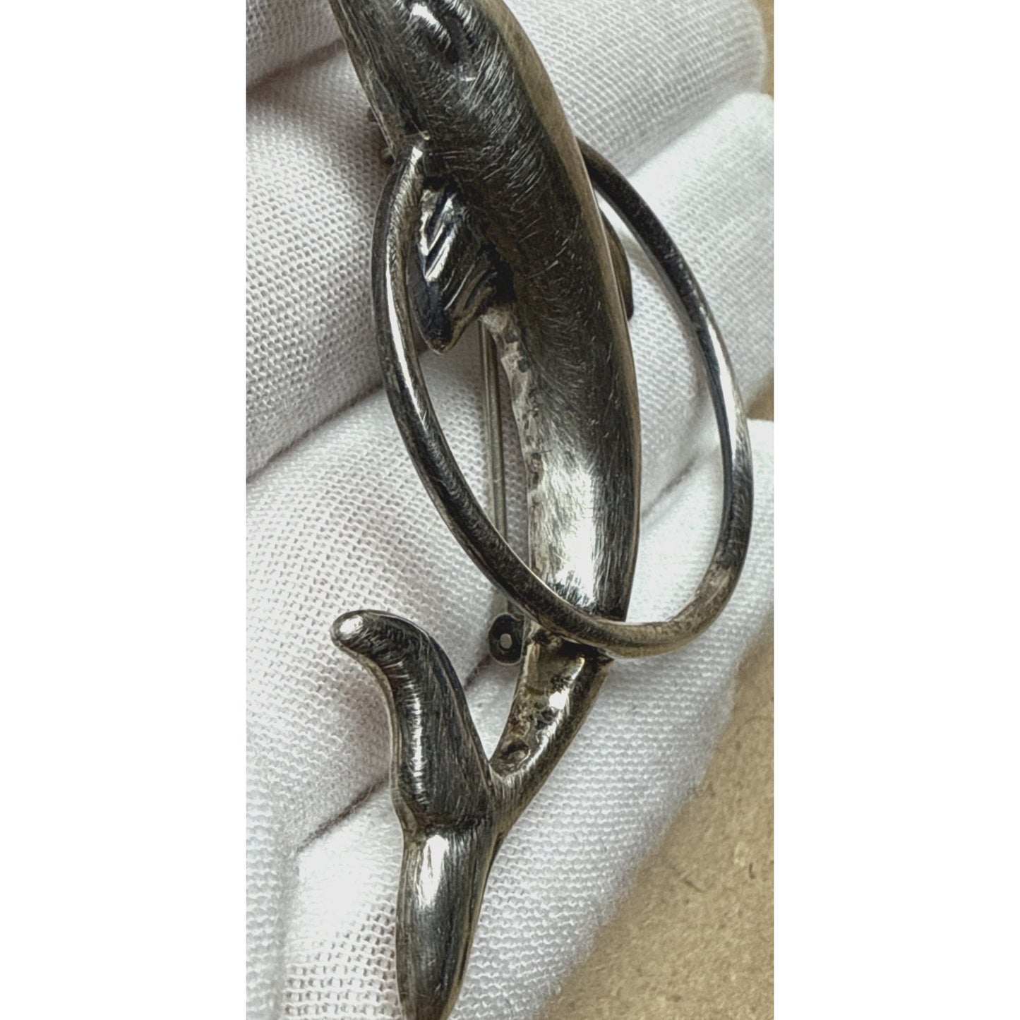 Vintage GSJ Sterling Silver 925 Dolphin Brooch Pin Hoop Trick Large As-Is