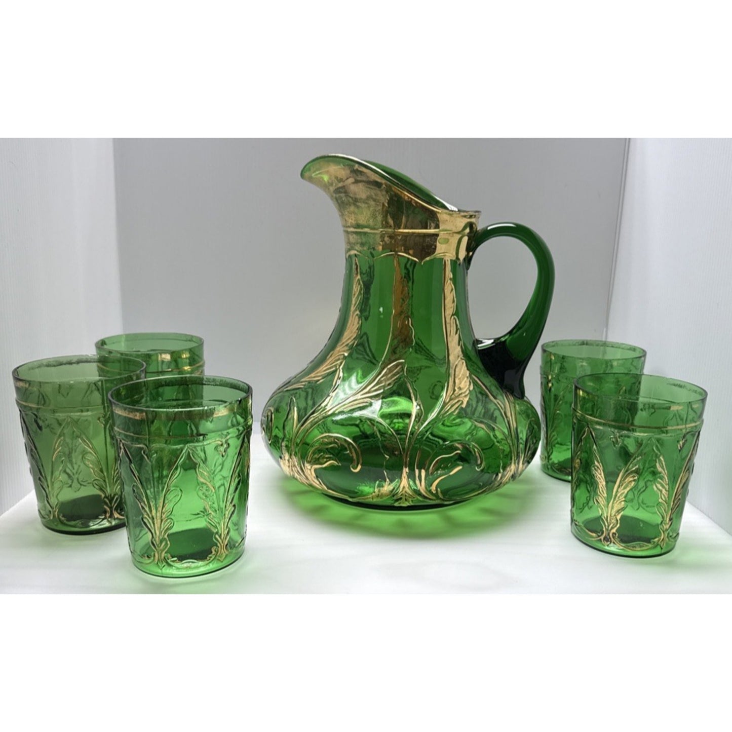 Eapg Lot of 6 Dugan Glass Waving Quill Water Lemonade Set Pitcher Tumbler As Is