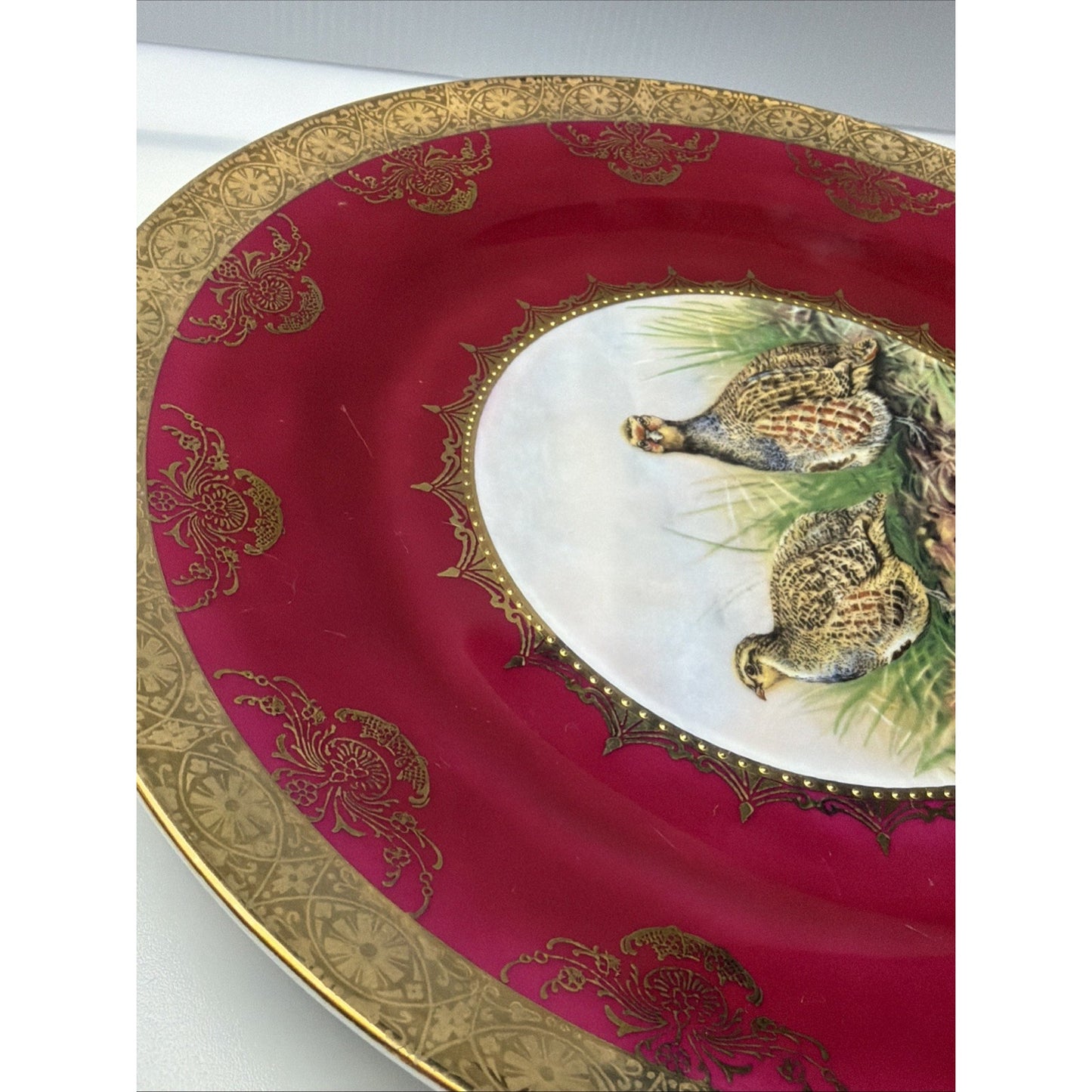 Vintage STW Bavaria Game Plate Pink Fuchsia Quail Gold Gilt Trim Ornate