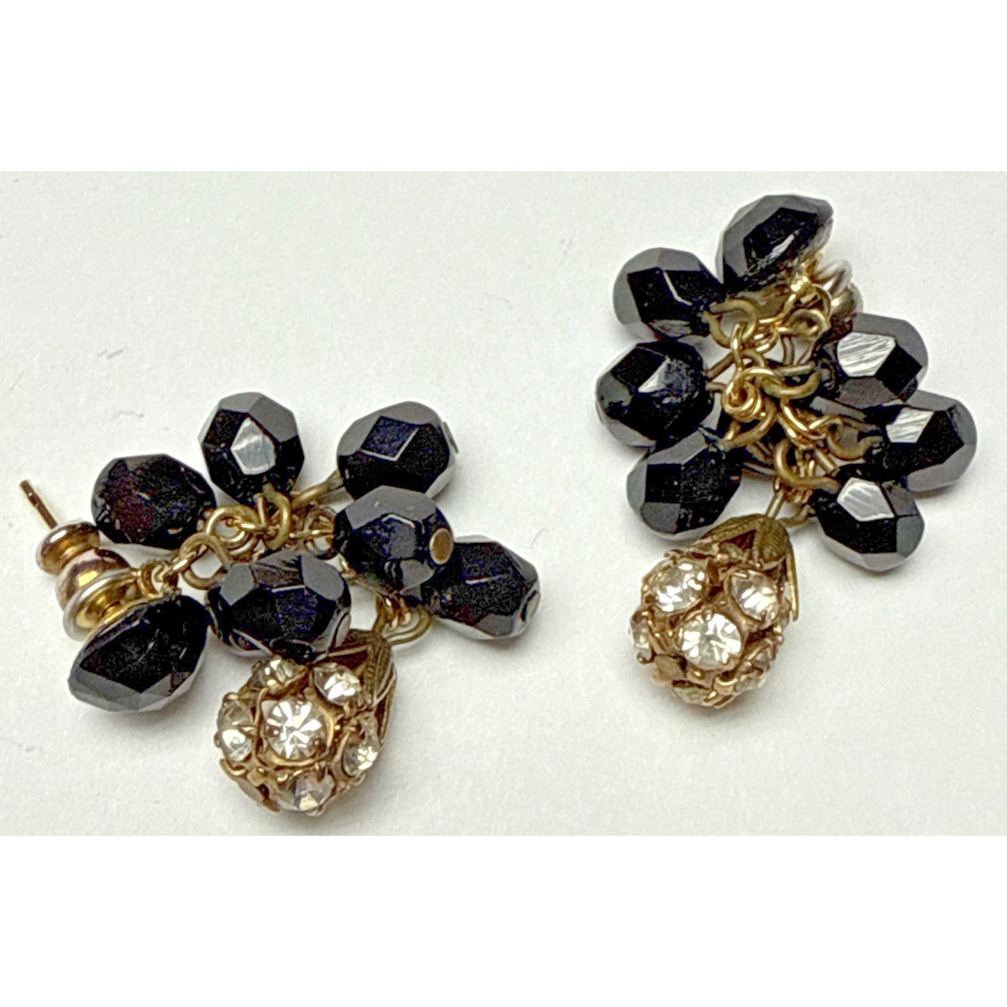 Vtg Black Faceted Glass Cluster Dangle Drop Earrings Disco Ball Rhinestone As-Is