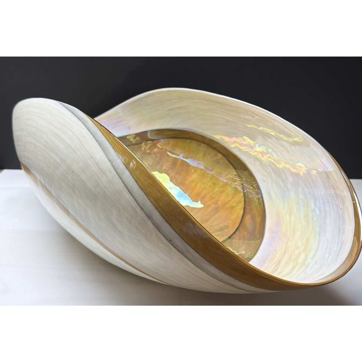 Yalo Murano Vetro Art Glass Bowl Folded Iridescent Ivory Gold Swirl 21"