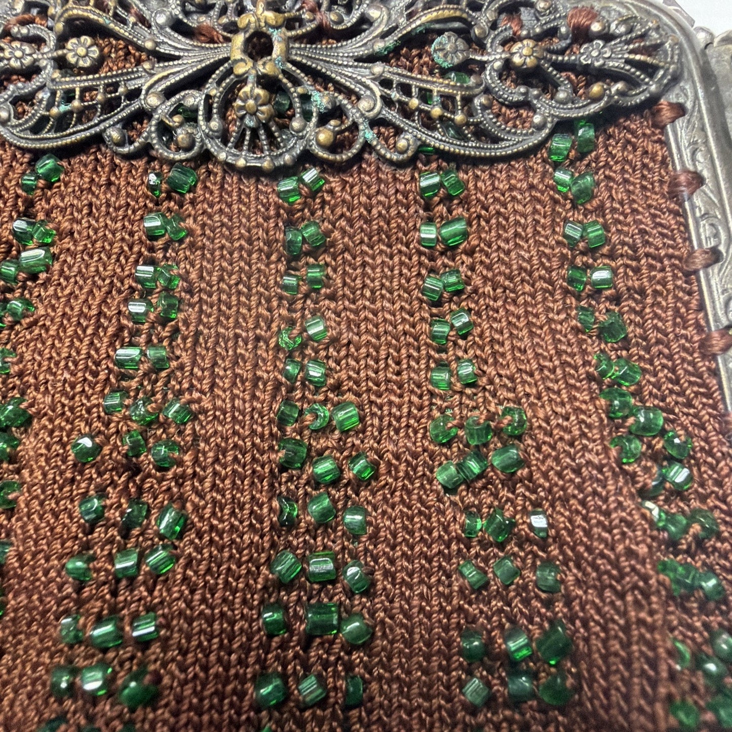 Antique Crochet Brown Green Micro Bead Purse Ornate Metal Frame Kiss Lock Strap