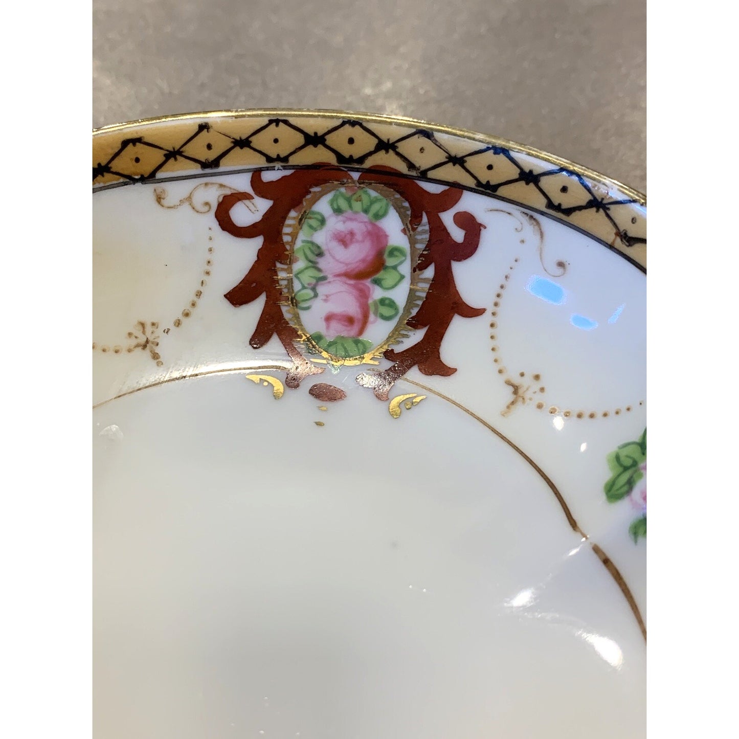 Noritake Morimura Japan Hand Painted Roses Floral Bowl Reticulated Handles Gold