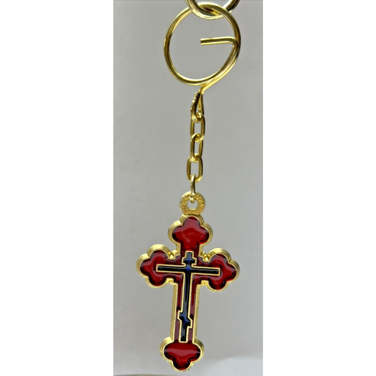Vtg Holovaik Religious Orthodox Enamel Cross Chain Pendant Gold Tone Red Black