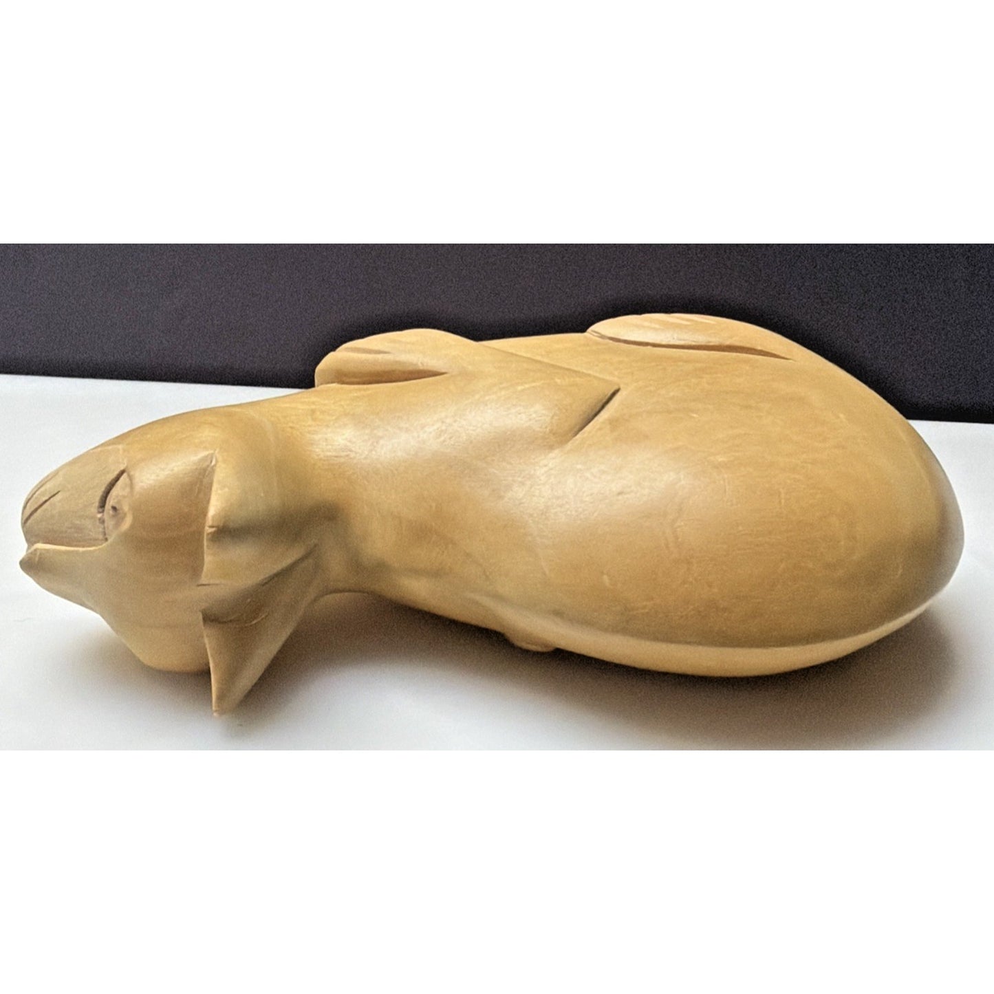 Folk Art Whimsey Hand Carved Solid Wood Cat Figurine Crouched Statue