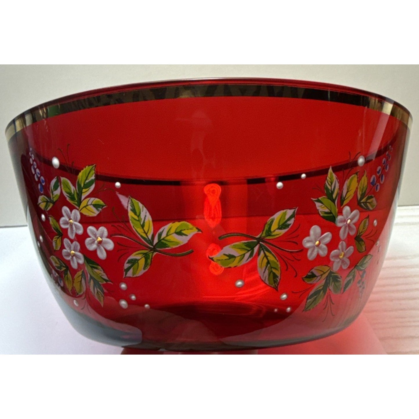 Vintage Czech Bohemian Ruby Red Crystal Hand Painted Enamel Bowl Flowers Gold
