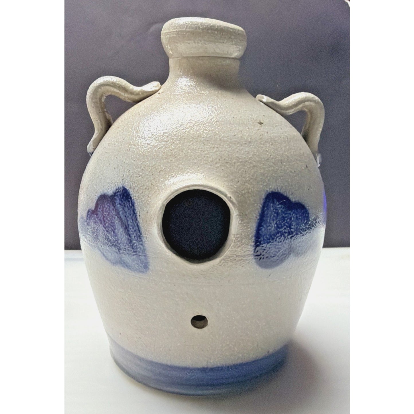 Vtg Rowe Pottery Works Salt Glazed Stoneware Jug Birdhouse Handles Bird House