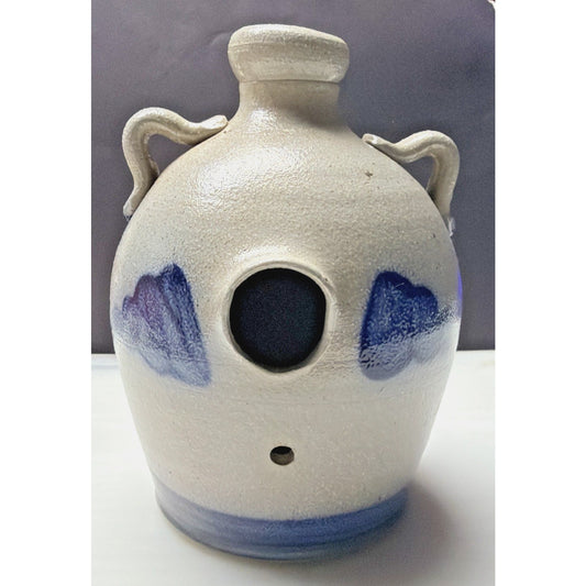 Vtg Rowe Pottery Works Salt Glazed Stoneware Jug Birdhouse Handles Bird House