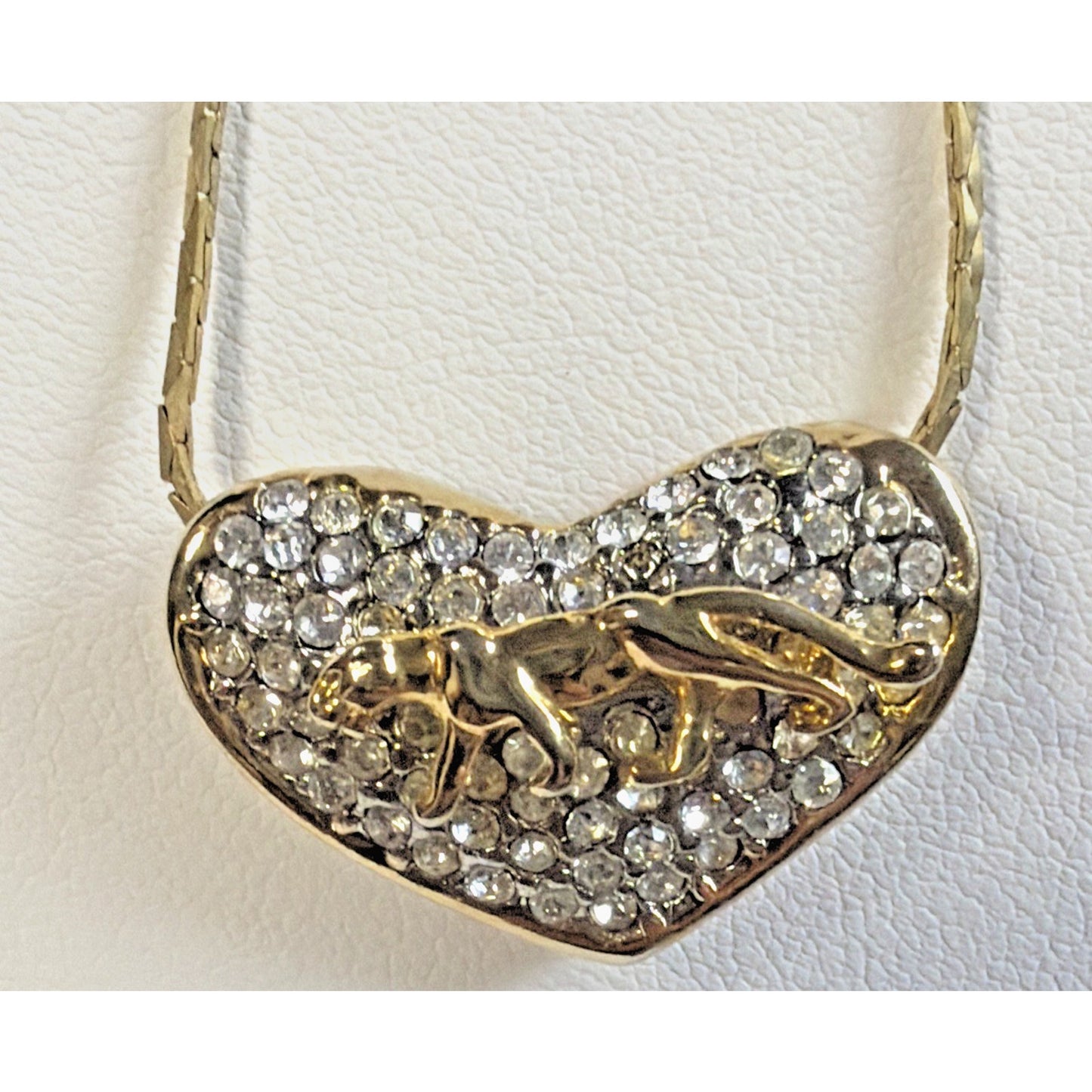 Vintage Gold Tone Rhinestone Pave Heart Slide Pendant Necklace Panther Cat As Is