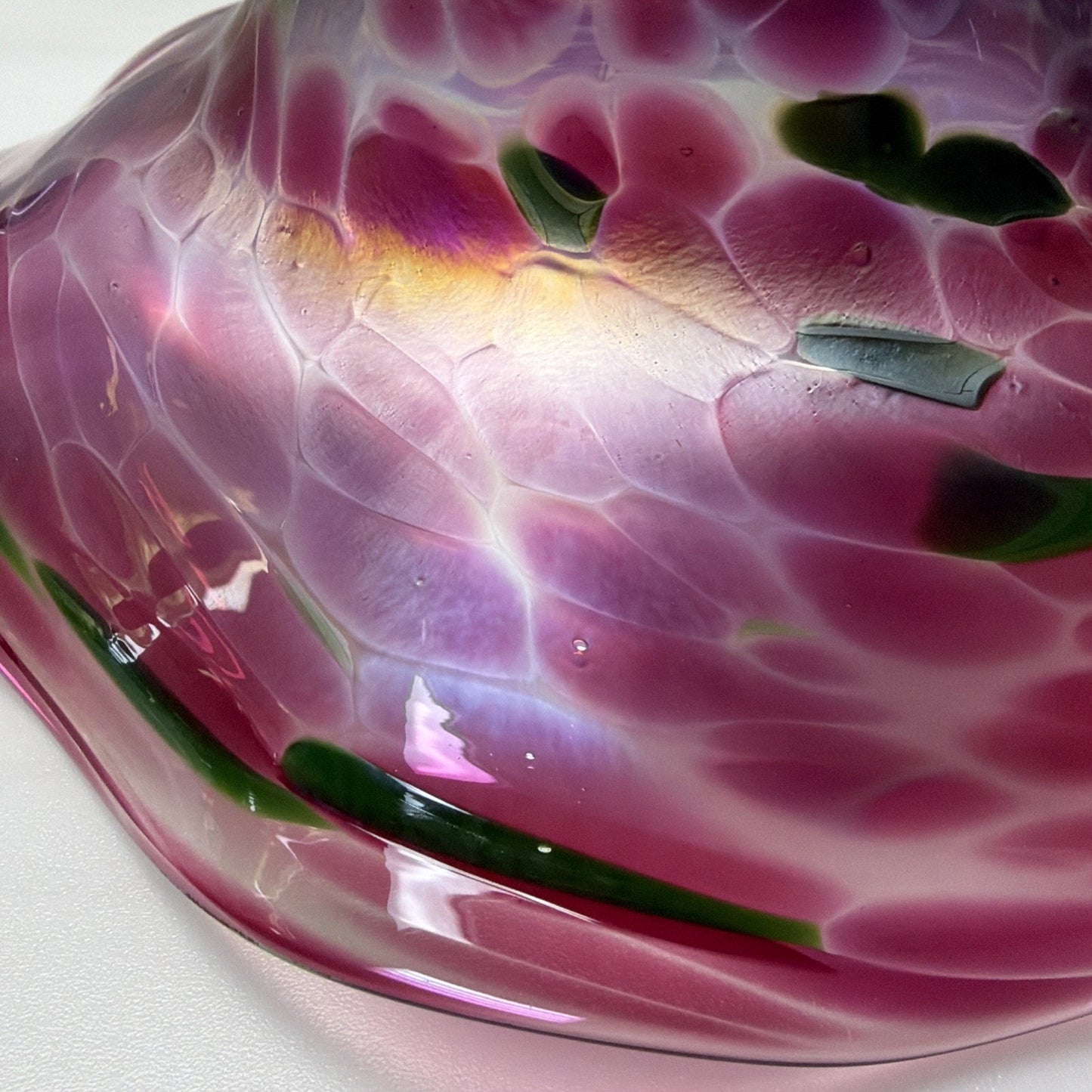 Vintage Blown Glass Bowl Iridescent Mottled Green Cranberry Purple Gold