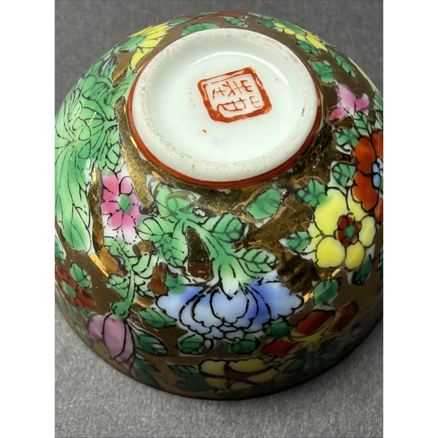 Old Eggshell Porcelain Gilt Enamel Chinese Famille Rose Mille Fleurs Wine Sake