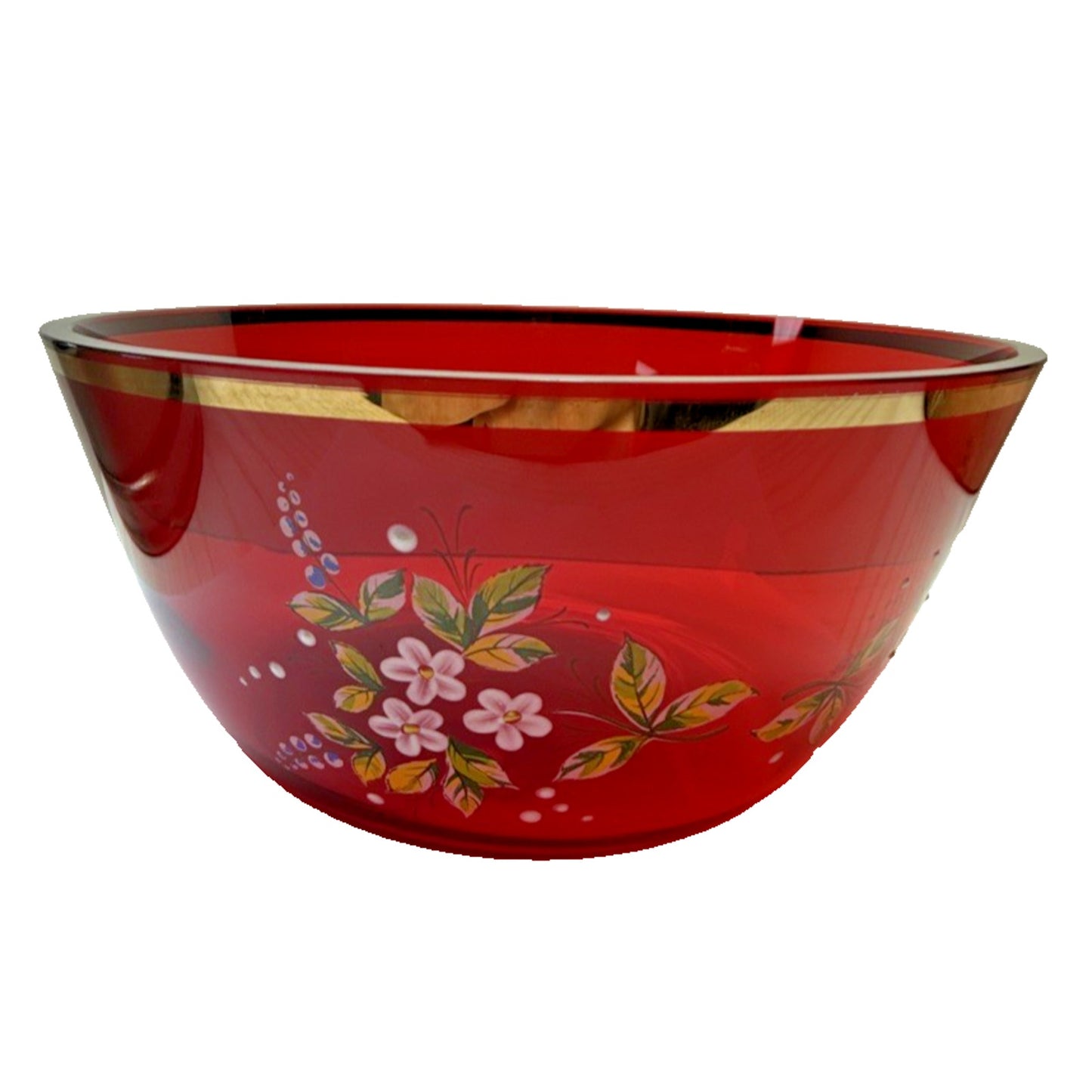 Vintage Czech Bohemian Ruby Red Crystal Hand Painted Enamel Bowl Flowers Gold