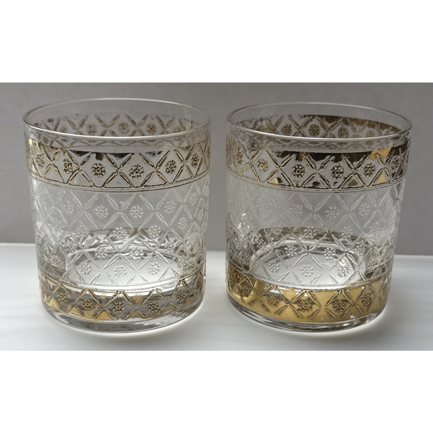 Vtg Lot of 2 Culver Glass Scintilla Village Old Fashioned Glass Rocks Gold As Is