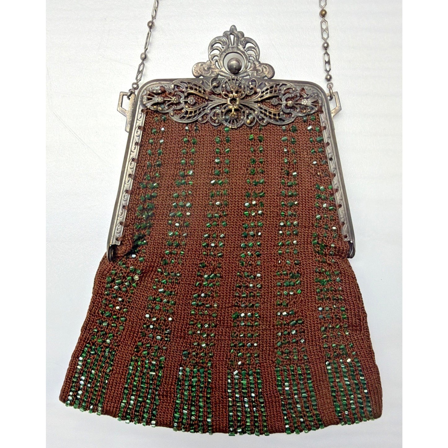 Antique Crochet Brown Green Micro Bead Purse Ornate Metal Frame Kiss Lock Strap