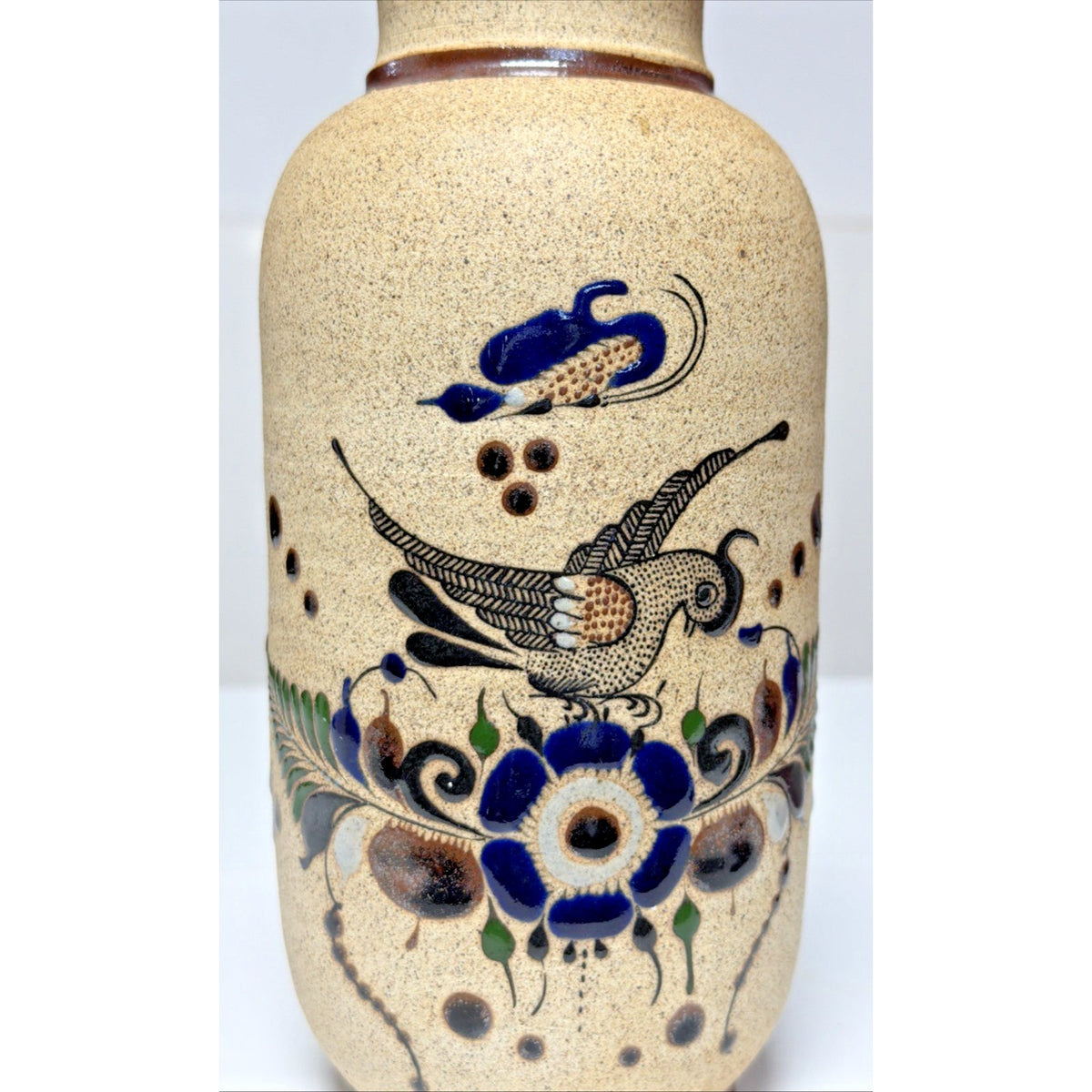Vintage Tonala Folk Art Netzi Mexican Pottery Sandstone Vase Bird Flower Signed