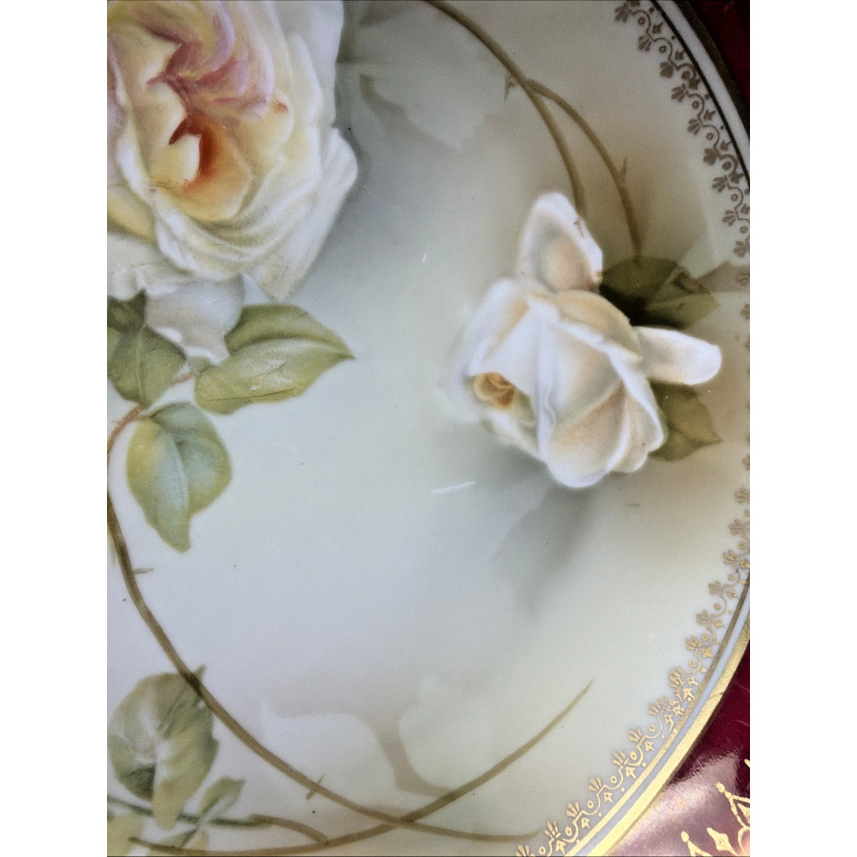 Antique RS Prussia Germany Hand Painted Rose Handle Bowl Platter Ornate Burgundy