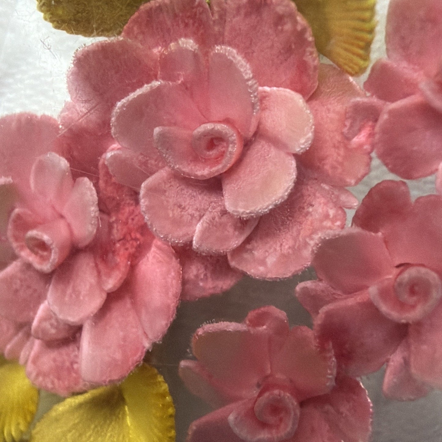 Vintage Clear Lucite Pin Brooch Rose Flower Bud Floral Pink Green Leaves