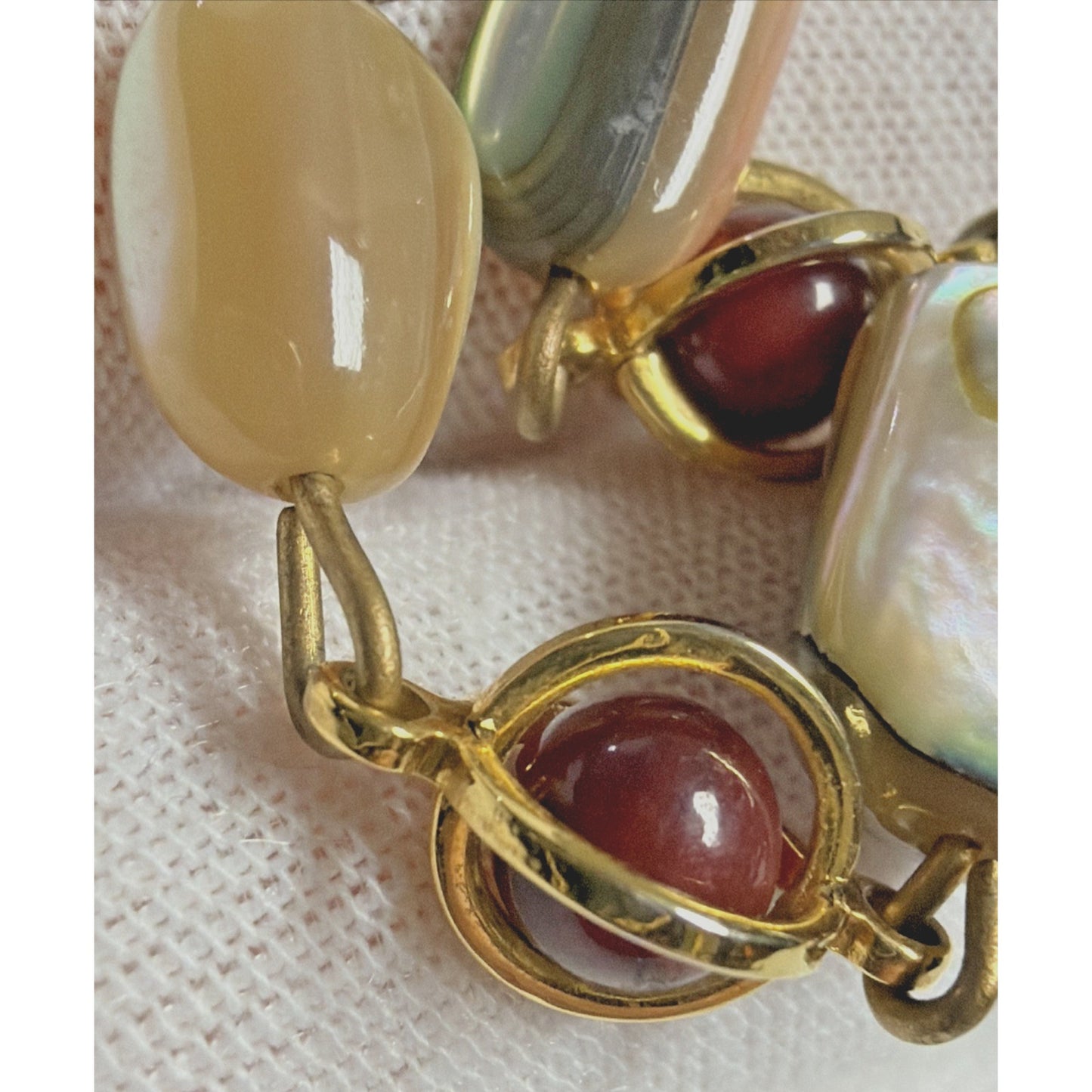 Vintage Multi Stone Necklace Gold Tone Agate Mother of Pearl Shell