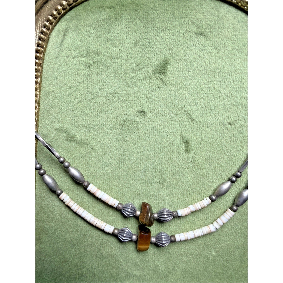 Vtg Liquid Silver Heishi Bead Tigers Eye Stone Necklace Sterling Southwestern