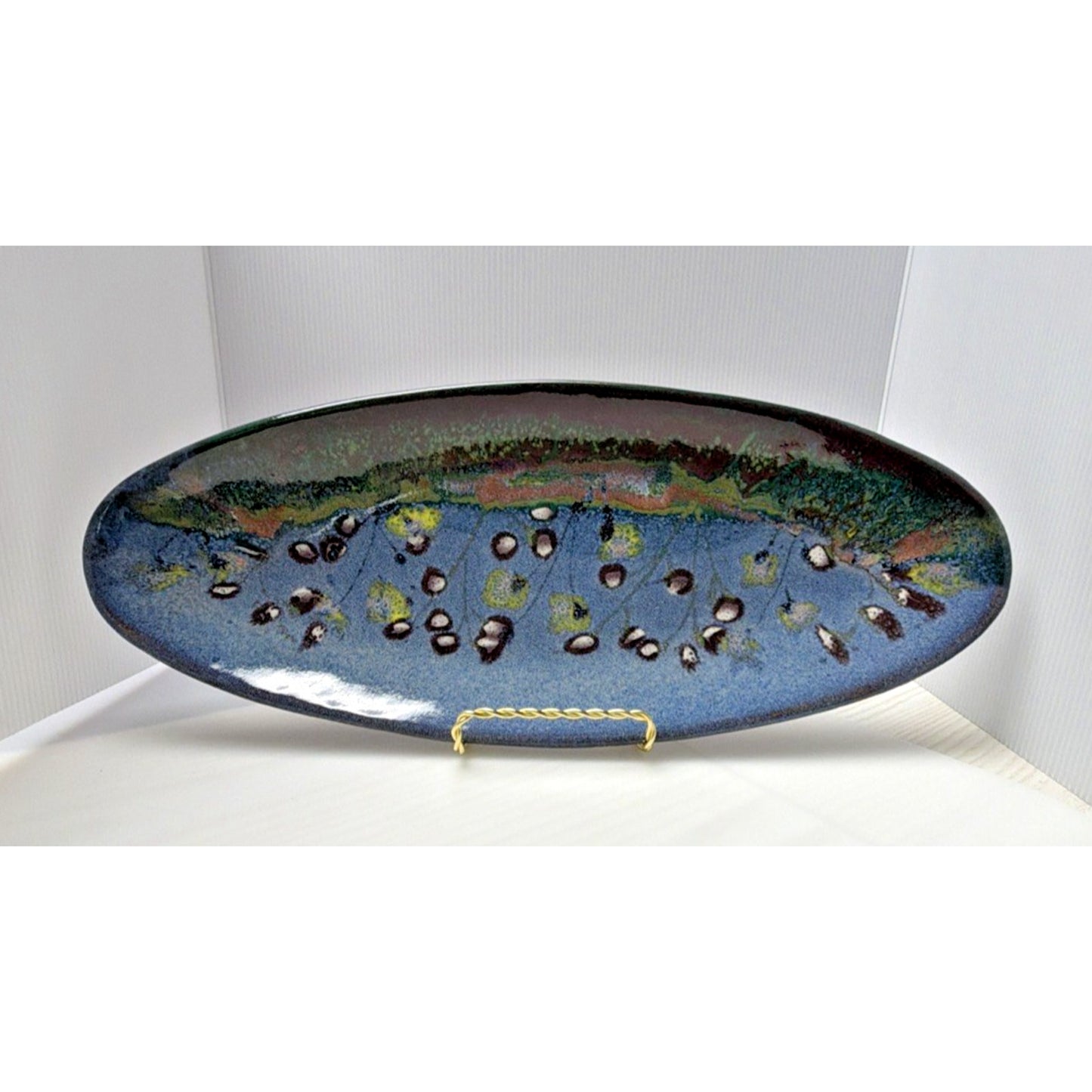 Phil Morgan Art Pottery Long Oval Platter Glazed Hand Painted Flowers Stems