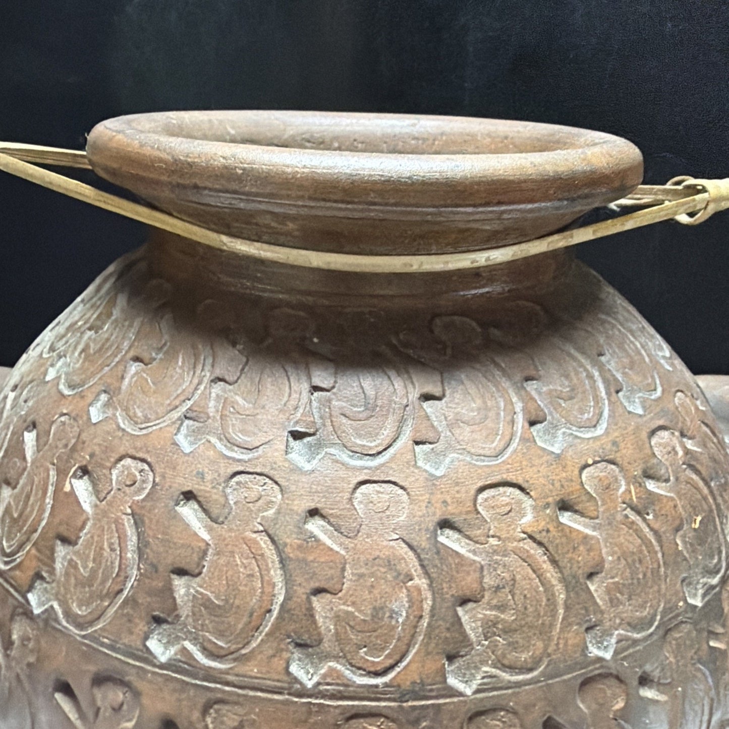 Chinese Asian Earthenware Pot Jar Vessel Bamboo Handle Impressed Symbols As Is